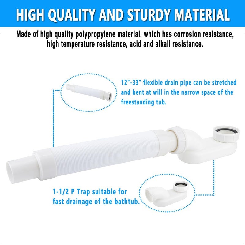 Cinsda Bathtub Shower Drain Pipe, Low Profile Flat 1 1/2 P Trap Kit Flexible Freestanding Tub Drain for Bath - Image 4